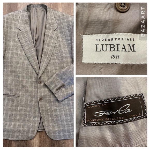 Lubian‎ Mens Grey Tan Windowpane 35% Silk 65% Wool 2 Button Sport Coat 46 Italy - Picture 1 of 14